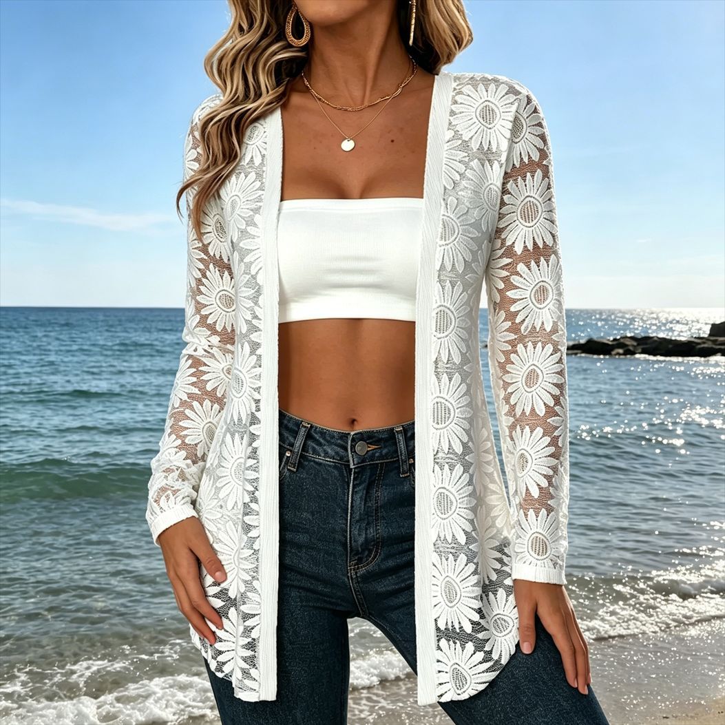 【Elegant și la modă】Cardigan de protecție solară cu dantelă decupată și model floarea-soarelui