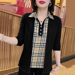 [Cel mai bine vândut articol al acestui sezon] Cămașă elegantă în carouri, design patchwork, cămașă falsă din două piese