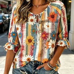 【Colecția Boho Vară 2026】Cămașă de Damă cu Imprimeu Floral Retro și Șnur, Bluză Lejeră cu Mânecă Trei Sferturi și Volane (6 Modele / S-3XL) ✨