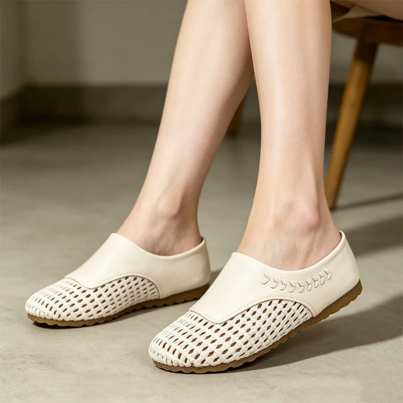 ✨Saboți Casual Damă din Piele Naturală Împletită: Talpă Moale, Design Respirabil, Corectarea Posturii și Calmare Durere de Picioare