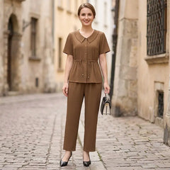 【S-4XL】Costum Elegant de Vară pentru Doamne (Bluză + Pantalon) – Croială inteligentă care subțiază silueta și ascunde burtica, oferind un plus de rafinament!