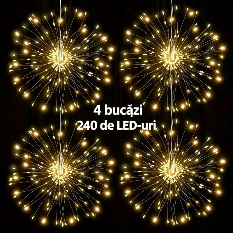 Set 4 în 1 Artificii Solare Suspendate, Ghirlandă Luminoasă cu 240 LED-uri, Panou Solar Mare și Telecomandă, Impermeabil pentru Camping și Grădină