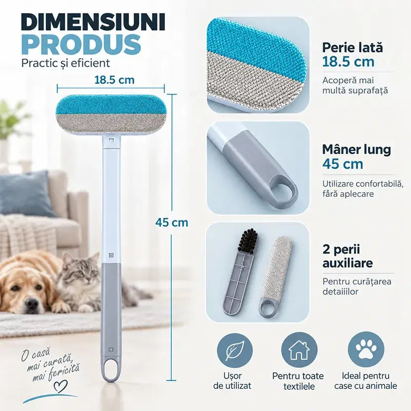 ✨ Perie Multifuncțională cu Mâner Lung pentru Îndepărtarea Părului de Animale (48cm) 🐱 | 🛋️ Curățare Rapidă pentru Canapele, Covoare & Haine · Nu Afectează Țesătura