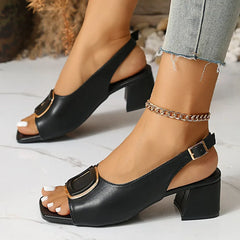 Sandale Elegante din Piele cu Toc Gros pentru Femei | Pantofi Slingback cu Vârf Pătrat și Cataramă Metalică, Talpă Moale Anti-Durere