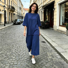 ✨Compleu Vară Damă 2 Piese Lejer: Tricot Fin Moale, Tricou Oversized și Pantaloni Largi Fluizi, Material Respirabil și Fin la Atingere