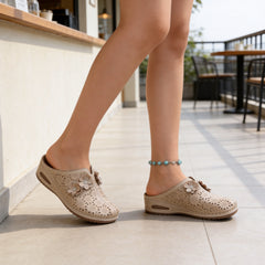 Sandale închise din piele naturală cu model floral ajurat | Pantofi de damă cu toc plat, în stil etnic, cu talpă moale | Confortabile și nu obositoare pentru picioare, mărimi 36-43
