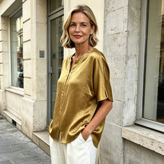 Cămașă Fluidă și Răcoroasă de Vară cu Margine Despicată, Bluză Satinată cu Mâneci Largi Lungi, Croi Oversize Confortabil pentru Birou și Casual