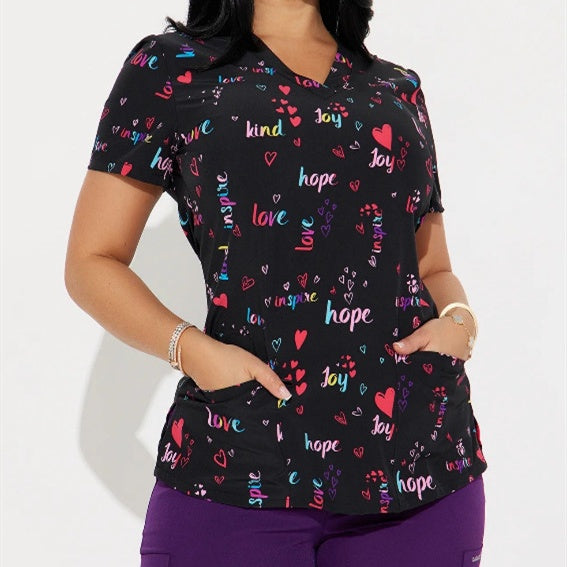Tricou din Bumbac cu Decolteu în V și Imprimeu cu Inimi