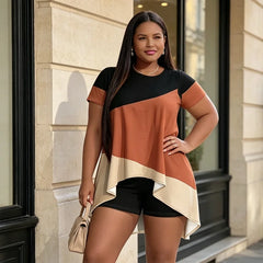 【Hitul Verii 2026 Mărimi Mari】Compleu Lejer cu Tricou Asimetric Color-Block și Pantaloni Scurți, Material Elastic și Respirabil, 5 Modele, Mărimi XL-5XL! 🛍️✨
