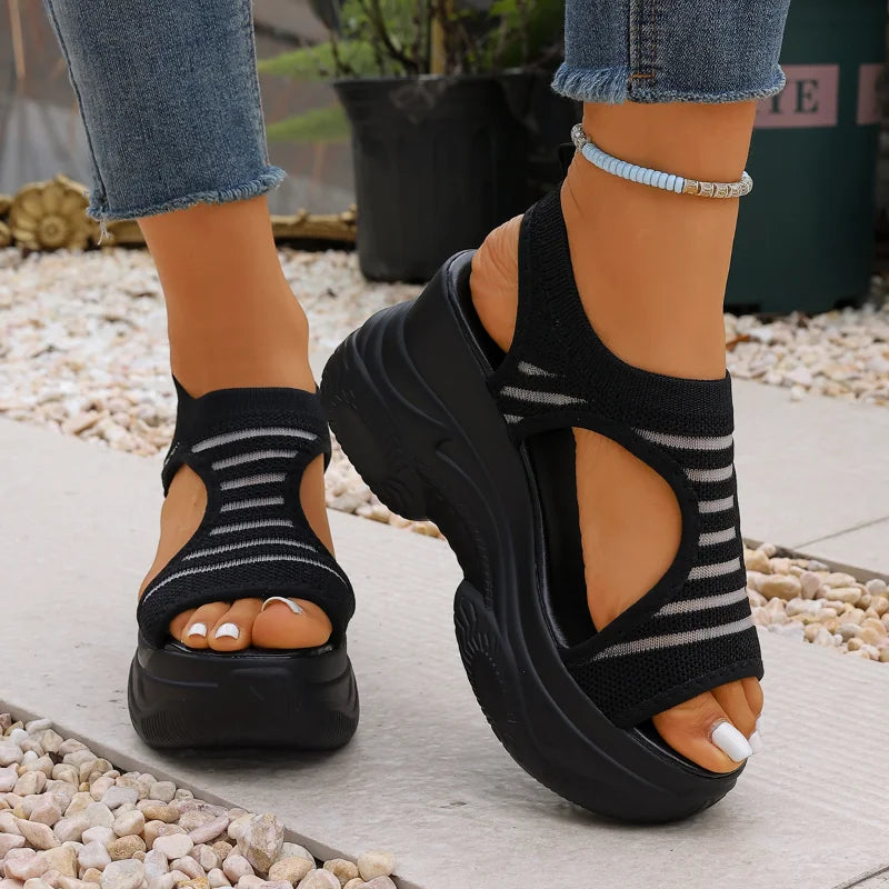 Sandale Sport cu Platformă Înaltă și Material Textil Elastic – Stil Modern, Confortabile și Ușoare
