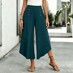 Pantaloni Largi Eleganți cu Talie Înaltă și Butoni Decorativi - Design Asimetric, Stil Modern