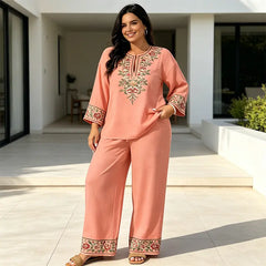 Costum de Vară din In Dama de 2 Piese, Bluza Lejeră cu Imprimeu Floral și Pantaloni Largi, Material Moale, Respirabil și Prietenos cu Pielea