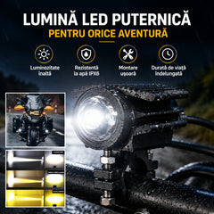 Upgrade Moto 2026 ✨ Proiectoare LED Ultra-Puternice Model Cobra 🏍️ 3 Culori + Stroboscop pentru Siguranță Maximă!