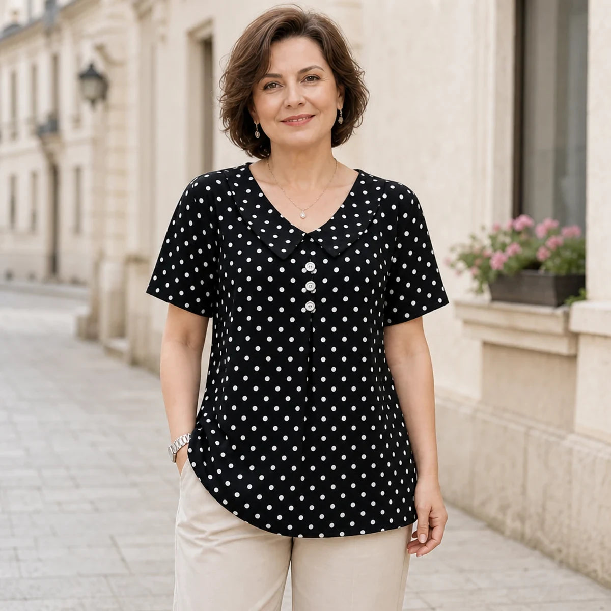Tricou Modern cu Imprimeu cu Buline——Croială inteligentă care subțiază instant zona taliei!