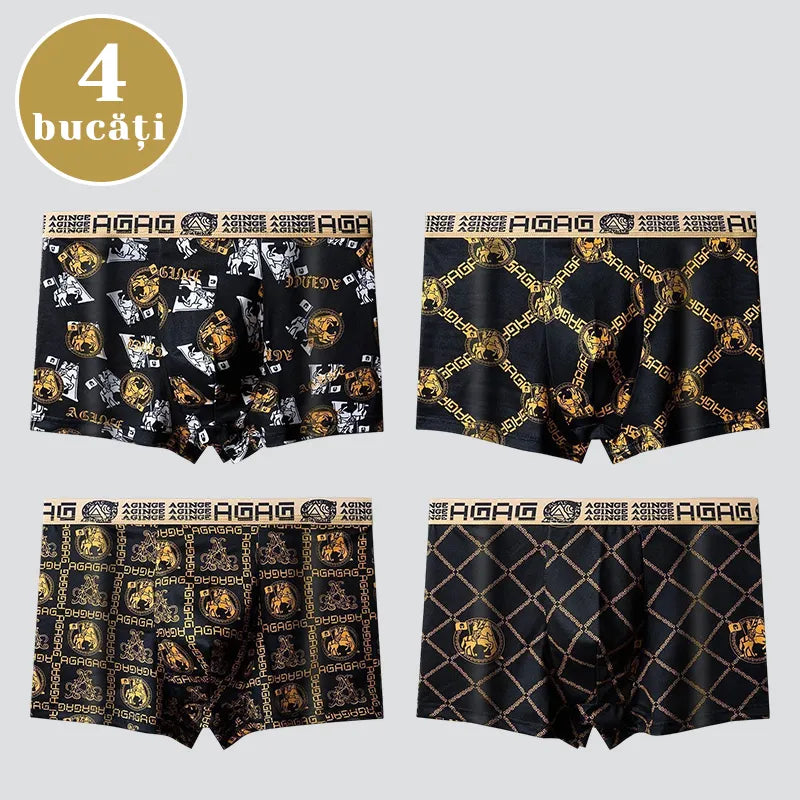 Set de 4 Boxeri pentru Bărbați de Lux cu Imprimeu Fashion, Talie Medie Elastică – Material Moale, Super Respirabil și Confortabil