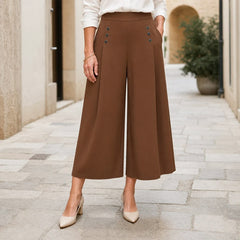 Pantaloni Largi de Damă cu Talie Înaltă, Model Tip Fustă-Pantaloni cu Năsturi Decorativi, Pantaloni Eleganți cu Pliuri