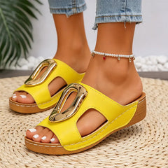 💎👡Papuci cu platformă tip pană din piele naturală, cu cataramă metalică, la modă