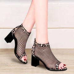 Botine de Vară Decupate cu Toc Gros 8cm: Design Peep-Toe din Plasă și Șireturi, Stil Coreean, Mărimi 35-40