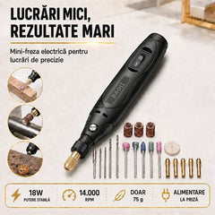 Mini Freză Electrică Multifuncțională de Mână – Unealtă Rotativă Portabilă pentru Gravat, Șlefuit, Polizat, Tăiat și Găurit Lemn, Piatră și Bijuterii