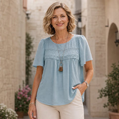 Tricou din bumbac și in, cu inserții din dantelă și jacquard în stil francez