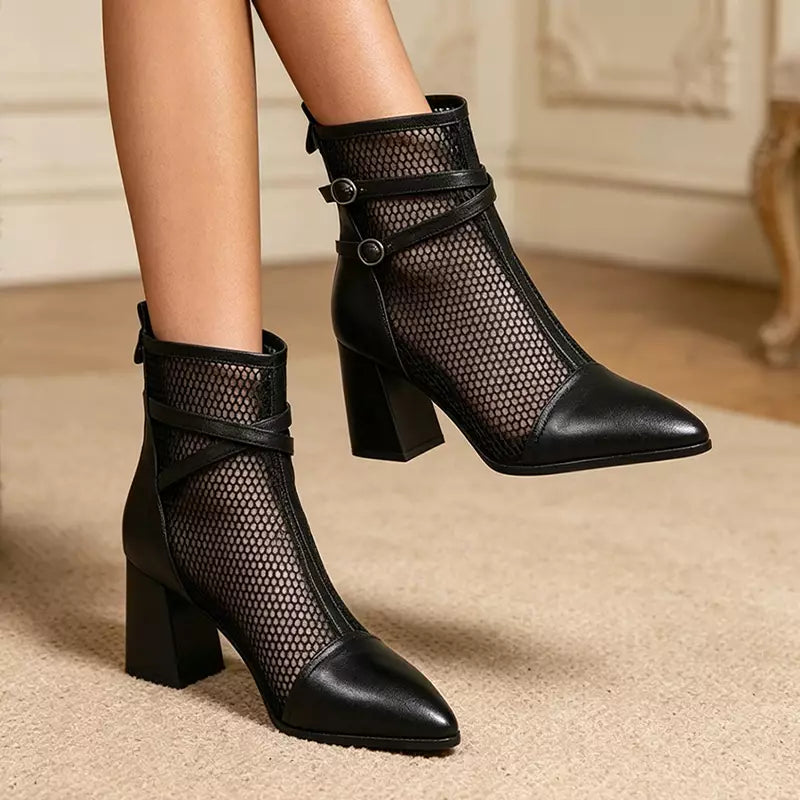 👢✨ Botine elegante în stil franțuzesc cu plasă perforată și toc gros – feminine, rafinate și confortabile