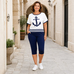 ⚓️ Set de Vară din 2 Piese pentru Femei – Tricou cu Imprimeu Ancoră și Pantaloni Scurți, Stil Maritim