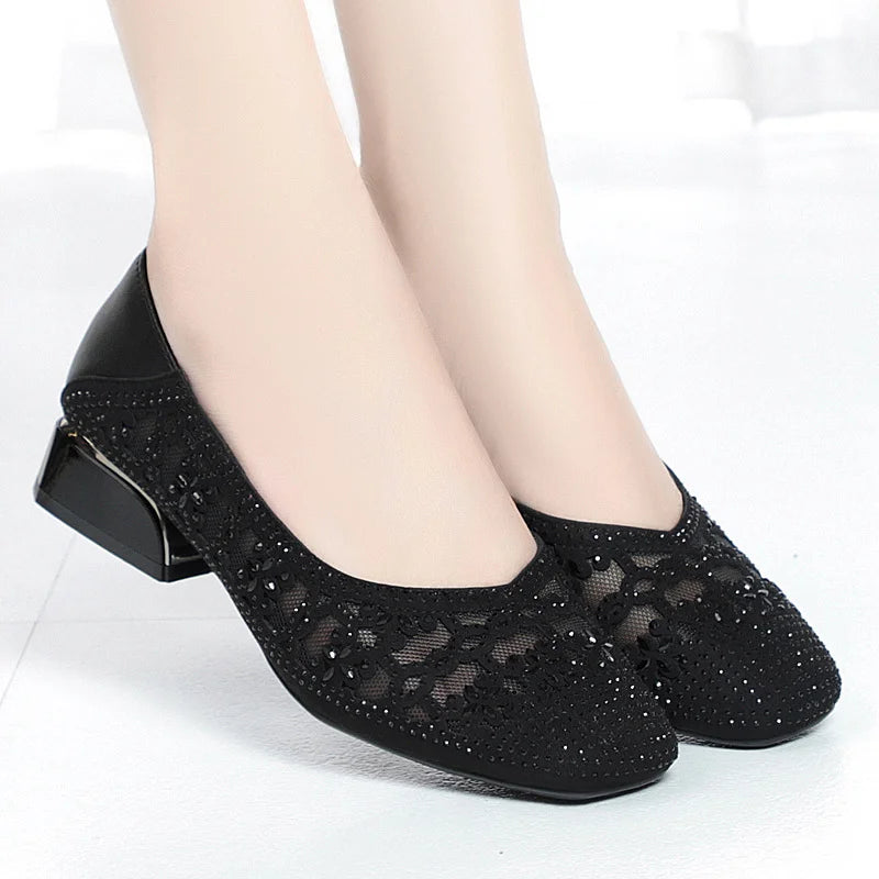 Pantofi de Vară Eleganți din Plasă cu Pietre Strass: Talpă Moale, Design Decupat Respirabil pentru Mămici, Mărimi 35-40