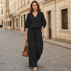 【Aspect premium din bumbac și in】Set casual (bluză cu decolteu în V + pantaloni largi cu șnur)