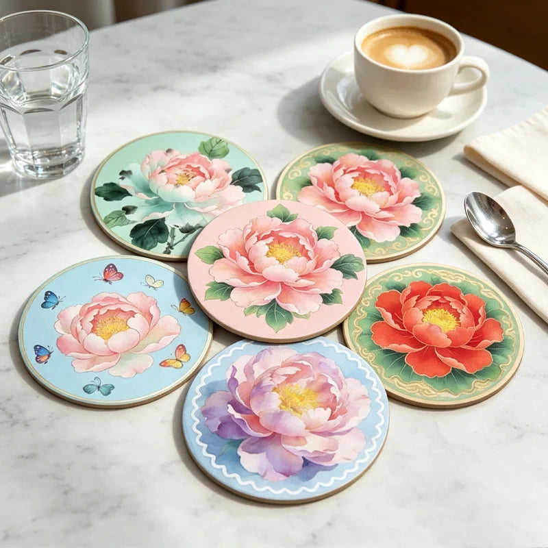 ☕【Set de 6 Bucăți】Suporturi Rotunde din Lemn pentru Masă – Protecție Perfectă a Blatului și Design Vintage Plin de Personalitate!