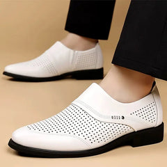 Pantofi Eleganți din Piele Naturală pentru Bărbați, Model de Vară Perforat și Respirabil, Pantofi Oxford Business-Casual Fără Șireturi