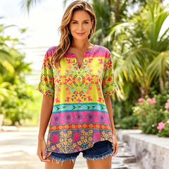 👚🌸Tricou de vară din bumbac, cu mânecă scurtă, decolteu în V și imprimeu
