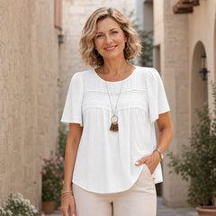 Tricou din bumbac și in, cu inserții din dantelă și jacquard în stil francez