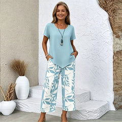 Set Casual de Vară pentru Femei din 2 Piese, Bluză Lejeră cu Tiv Asimetric și Pantaloni Lungi Largi cu Imprimeu cu Frunze, Costum Elegant de Vacanță