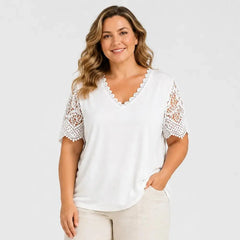 🛍️ Colecția Vară 2026: Tricou Damen Elegant cu Dantescă Brodată și Decolteu în V 💖 Croială Lejeră & Stil Romant | 7 Culori, Mărimi S-5XL