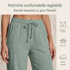 Pantaloni trei sferturi plisați pentru damă – din bumbac și in, culoare solidă