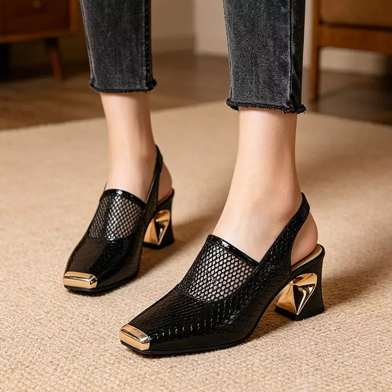 🖤【Material premium cu textură crocodil】sandale elegante și moderne cu plasă și toc gros