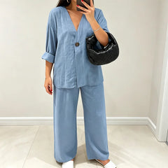 Set Elegant de Damă din 2 Piese, Cămașă Lejeră cu Decolteu în V și Pantaloni Lungi Largi, Costum Casual cu Aspect de In, Stil Rafinat de Vară