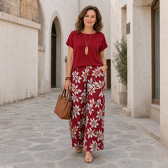 Costum de Vară din Două Piese pentru Femei: Tricou Lejer și Pantaloni Largi Imprimeți, Material Moale, Respirabil și Prietenos cu Pielea