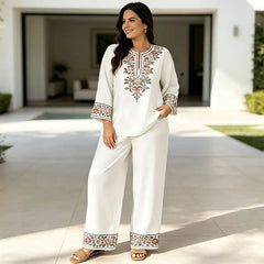 Costum de Vară din In Dama de 2 Piese, Bluza Lejeră cu Imprimeu Floral și Pantaloni Largi, Material Moale, Respirabil și Prietenos cu Pielea