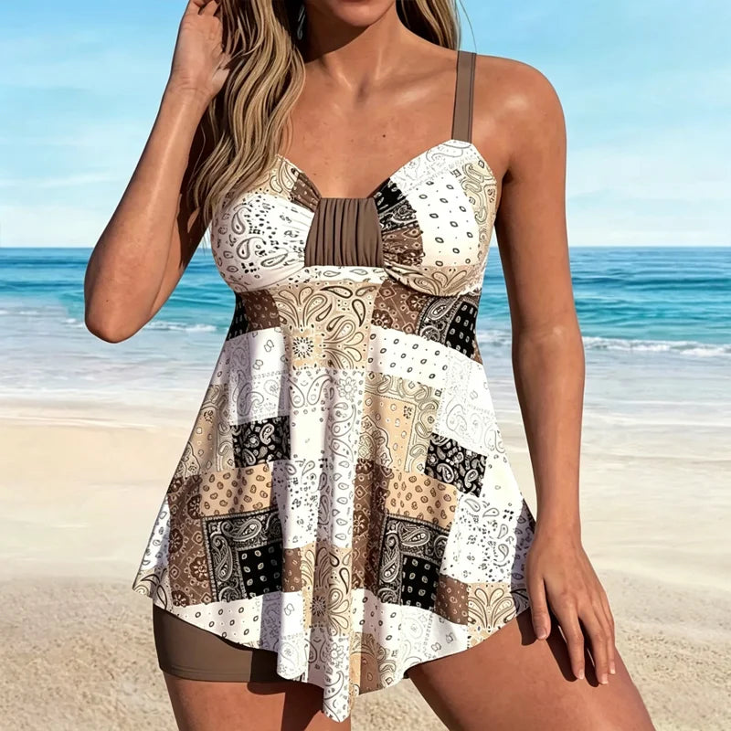 Costum de Baie Tankini de Damă din 2 Piese | Rochie Cordon cu Imprimeu Bohemian Paisley, Efect de Abdomen Plat și Șort Premium