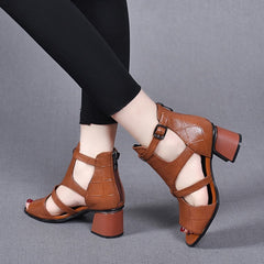 👡✨【35-40】Noua piele moale, moale, fund de pește, gură de pește, gură goală, sandale romane cu toc gros