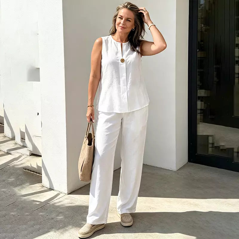 💙【Top fără mâneci + pantaloni largi】Set confortabil în stil in modern – lejer, elegant și perfect pentru vară