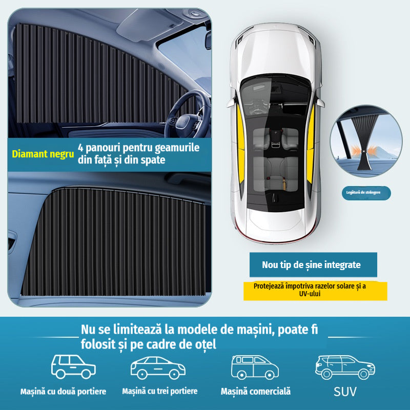 🚗【Set 4 bucăți】Perdele protecție solară cu șină glisantă pentru geamuri auto – izolează termic și protejează împotriva soarelui