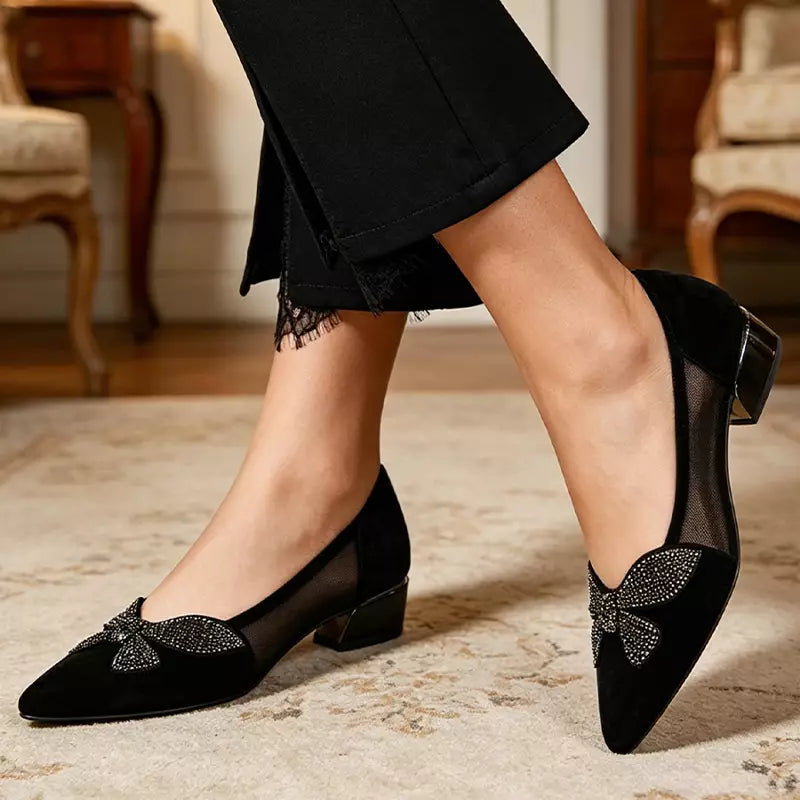 👡Pantofi eleganți în stil franțuzesc, din plasă cu cristale strălucitoare și toc mic