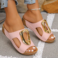 💎👡Papuci cu platformă tip pană din piele naturală, cu cataramă metalică, la modă