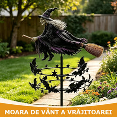 Morișcă de Vânt Decorativă pentru Grădină, Model Vrăjitoare pe Mătură cu Lilieci și Stele, Ornament Dinamic de Curte, Decor Halloween