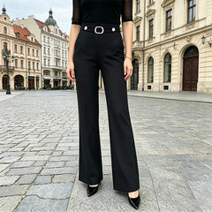 Pantaloni Casual de Damă cu Talie Înaltă și Curea Elegantă – Pantofi de Birou Subțiri și Elastici, Efect de Alungire, Material Fluid și Anti-Șifonare