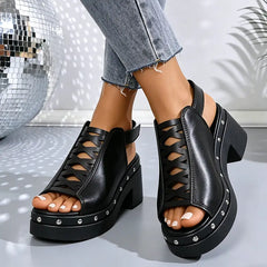 Sandale de Damă cu Toc Gros și Platformă (8cm) - Piele Lucioasă, Stil Retro cu Capse