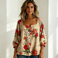 【Stil Retro Francez】Cămașă Elegantă cu Guler Pătrat și Imprimeu Floral, Bluză Lejeră cu Mâneci Trei Sferturi Bufante (6 Culori, Mărimi S-5XL) ✨