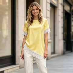 👚Top cu mânecă scurtă din satin, cu inserții de dantelă în stil francez, elegant și rafinat